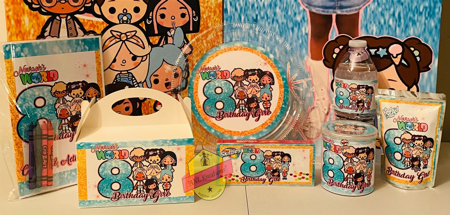 Custom Party Favors, Chip Bags, Treat Bags, Water Bottles, Candy Bars, Boxed Candies, Capri Suns, Kool Aid Jammers, Pringles, Foam Cups, Plastic Cups, Gabel Party Boxes, Clear Plastic Plates, Color/ Activity Books