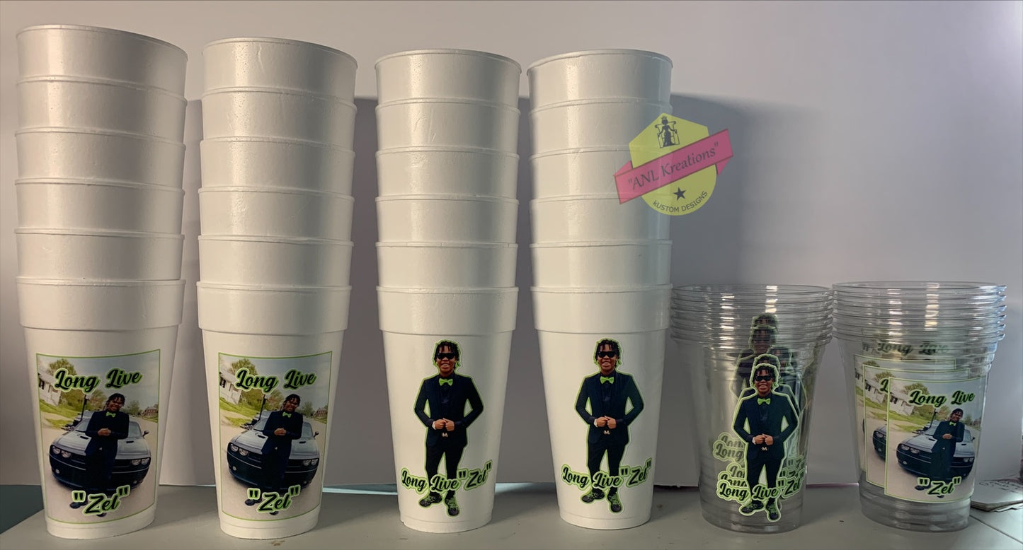 Custom Foam Cups, Plastic Cups with and without lids.