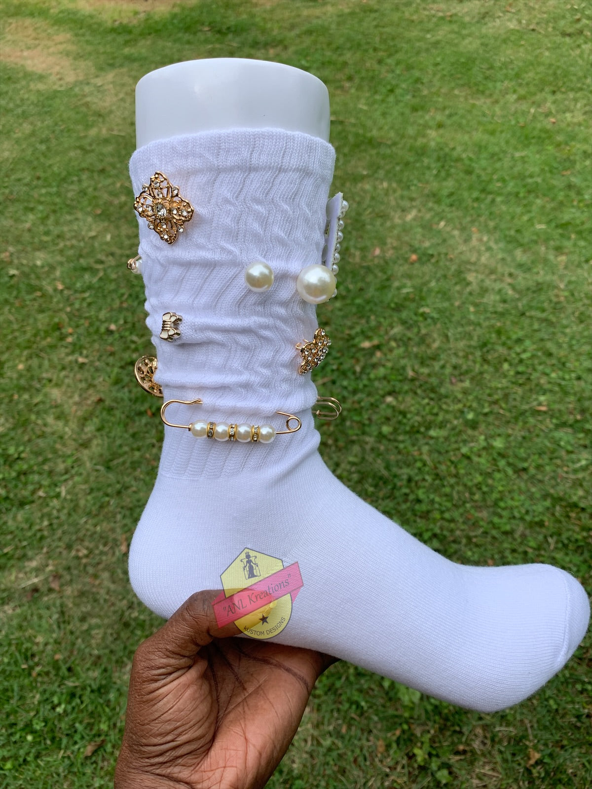 Custom Blinged Charmed/Brooch Slouch Socks