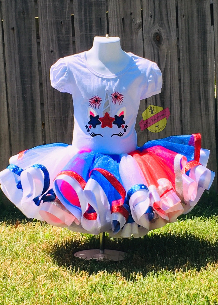 4th of July Embroider Unicorn Red, White and Blue Shirt. Optional matching hairbows, ruffle socks, Tu-Tu and matching Converse Sneakers.