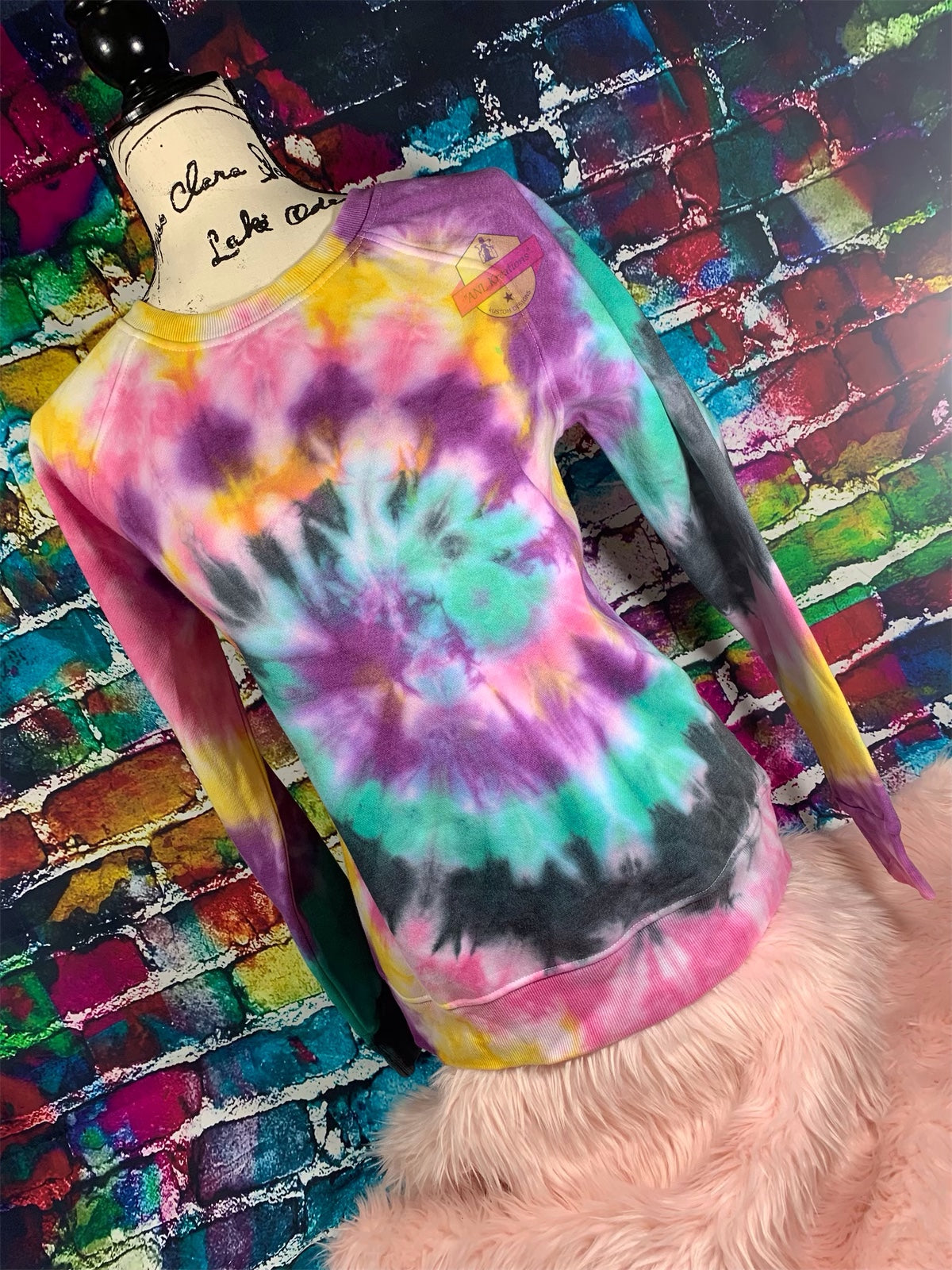 Custom Long Sleeve TyeDye Multi Colored Shirt with matching Socks. Tye Dye Shirt and matching Socks. Red, green, black, yellow, purple Shirt.