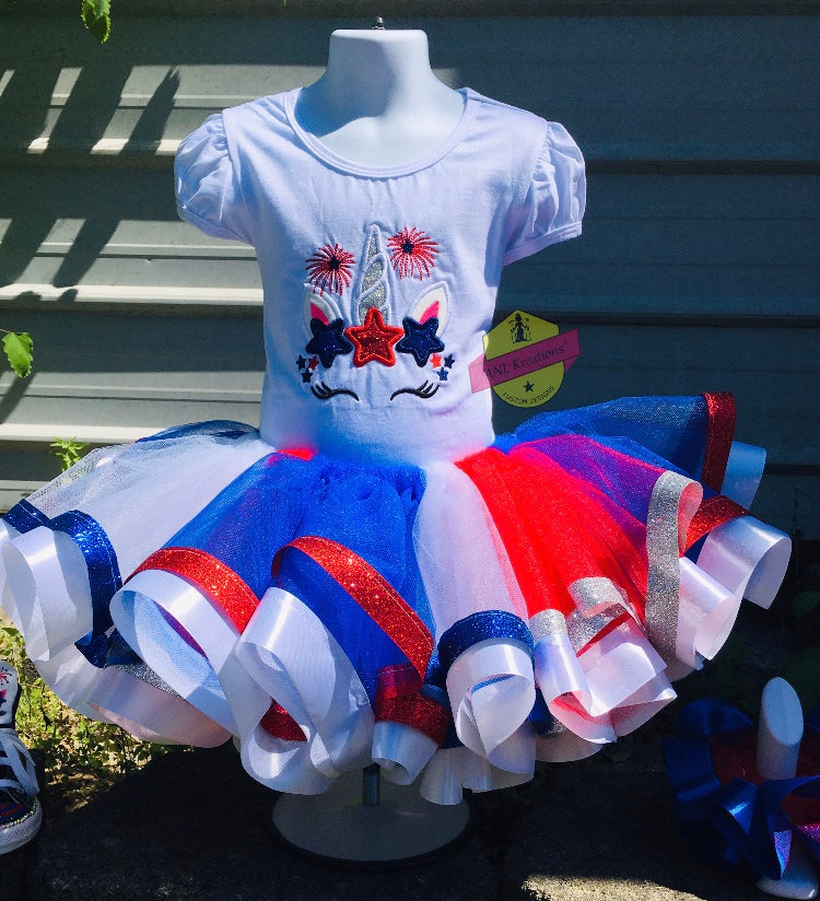 4th of July Embroider Unicorn Red, White and Blue Shirt. Optional matching hairbows, ruffle socks, Tu-Tu and matching Converse Sneakers.