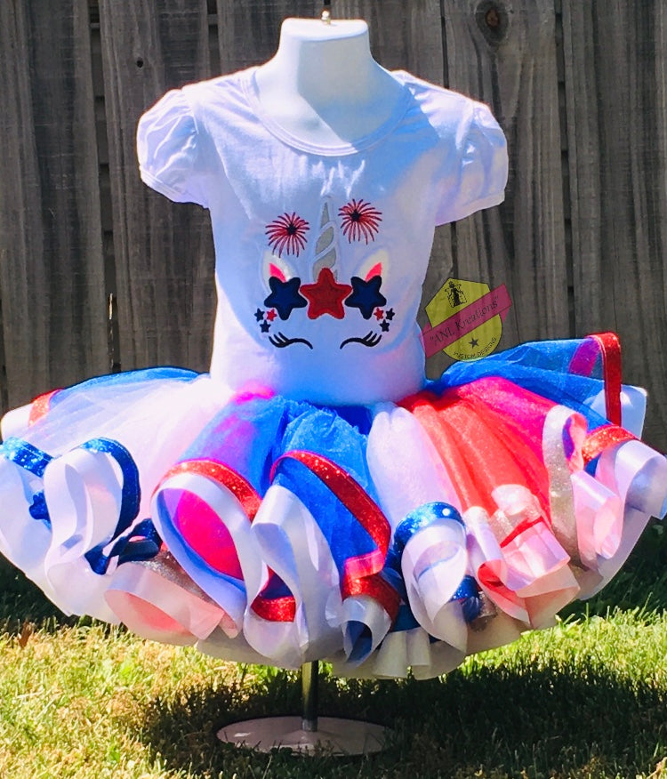 4th of July Embroider Unicorn Red, White and Blue Shirt. Optional matching hairbows, ruffle socks, Tu-Tu and matching Converse Sneakers.