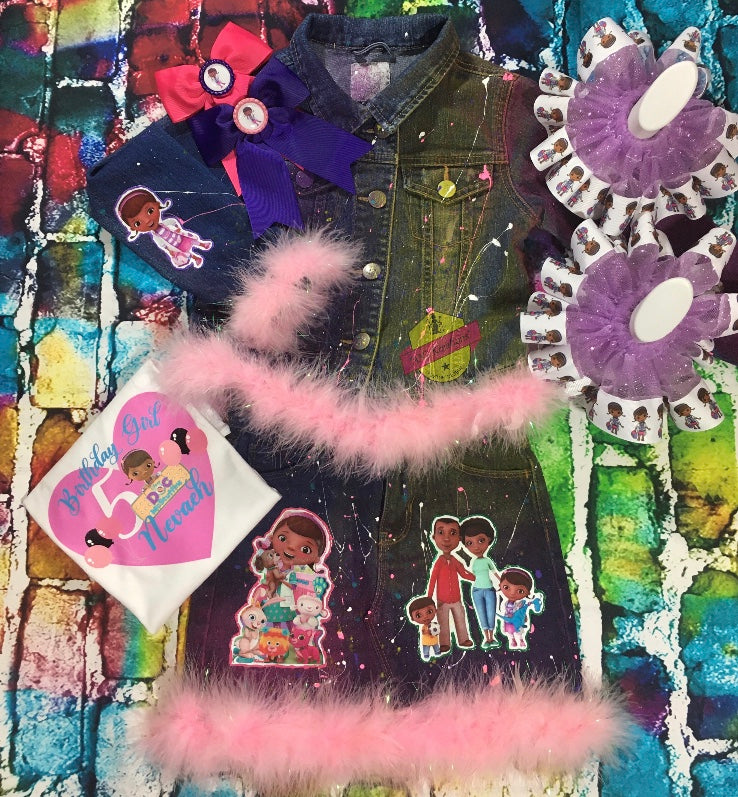 Kids Custom Personalized Character Denim Jacket and Skirt or Jeans.