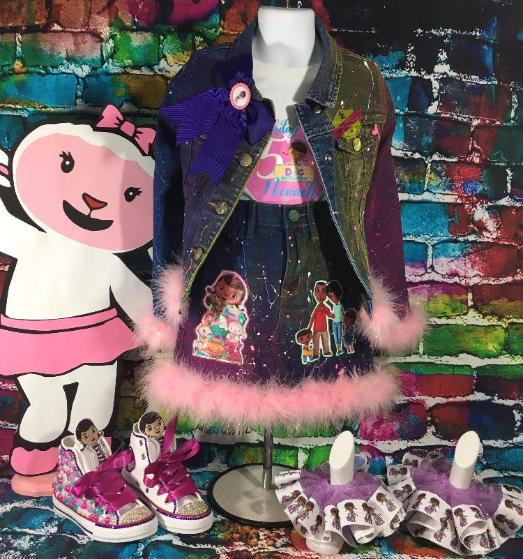 Kids Custom Personalized Character Denim Jacket and Skirt or Jeans.