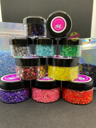 Flat Back Resin, Flat Back Jelly and Flat Back Transparent Jelly Rhinestones. 3mm/SS12 (ONLY) 1oz Jars and 2oz Jars