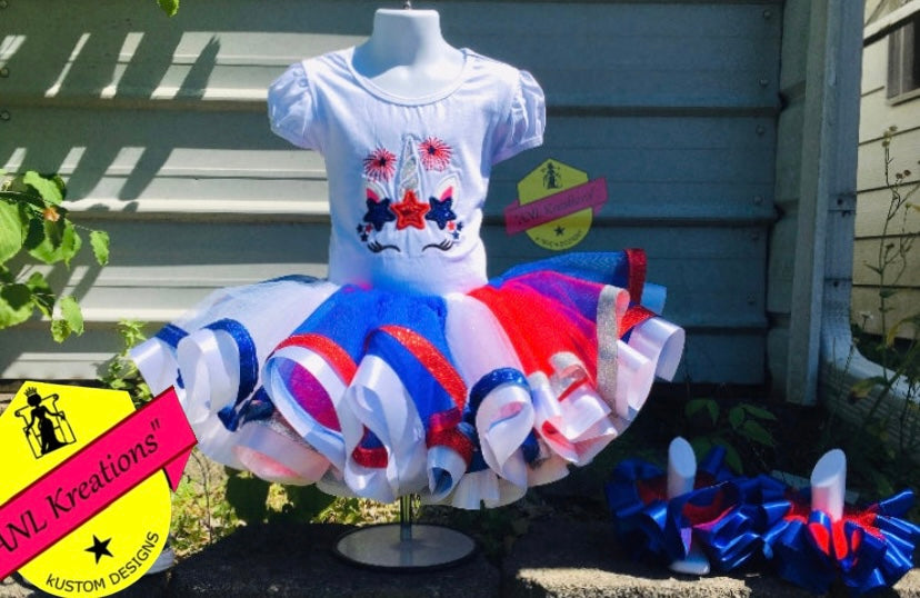 4th of July Embroider Unicorn Red, White and Blue Shirt. Optional matching hairbows, ruffle socks, Tu-Tu and matching Converse Sneakers.