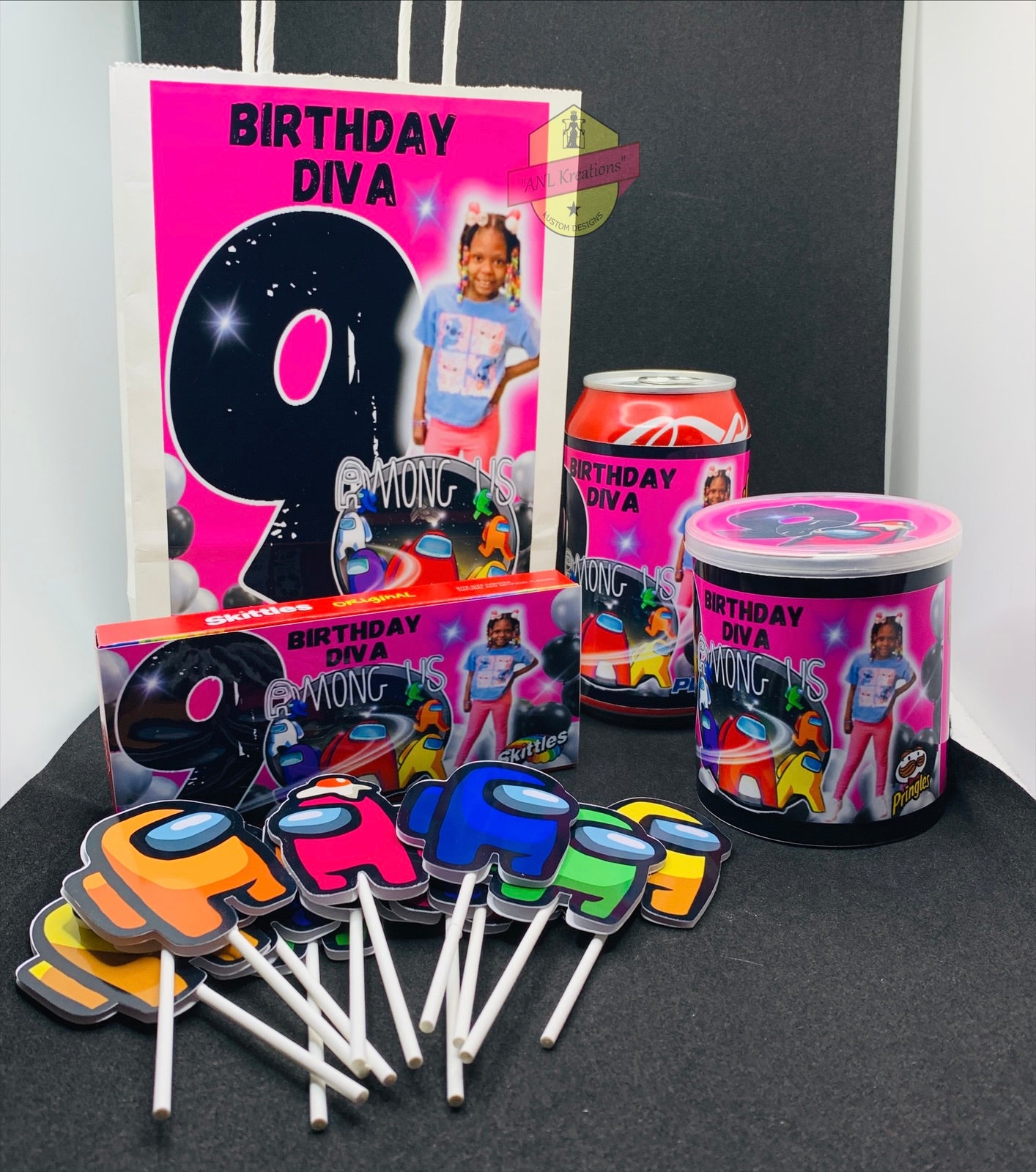 Custom Party Favors, Chip Bags, Treat Bags, Water Bottles, Candy Bars, Boxed Candies, Capri Suns, Kool Aid Jammers, Pringles, Foam Cups, Plastic Cups, Gabel Party Boxes, Clear Plastic Plates, Color/ Activity Books