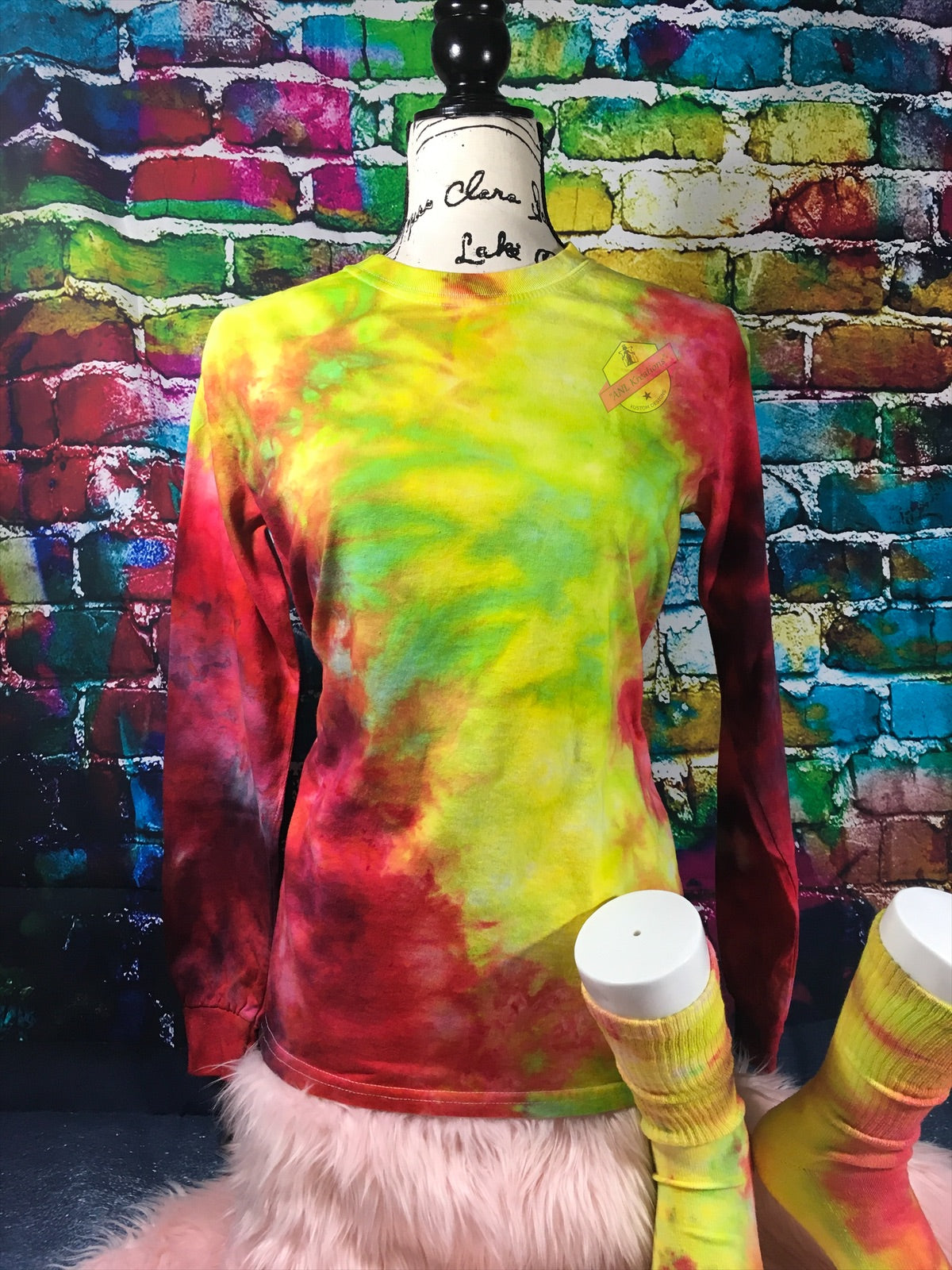 Custom Long Sleeve TyeDye Multi Colored Shirt with matching Socks. TyeDye Shirt and matching Socks. Red, green and yellow Tye Dye Shirt.