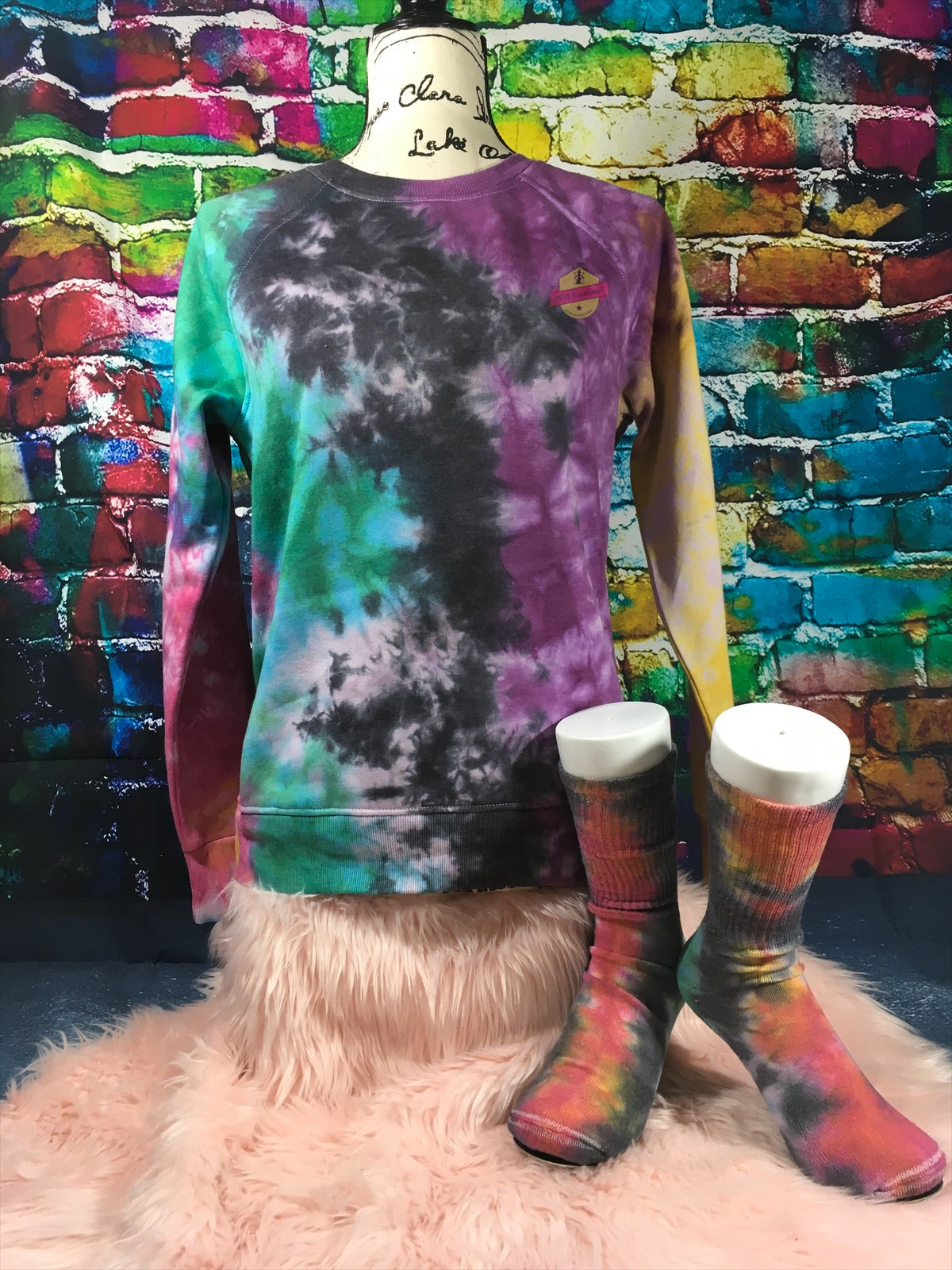 Custom Long Sleeve TyeDye Multi Colored Shirt with matching Socks. Tye Dye Shirt and matching Socks. Red, green, black, yellow, purple Shirt.