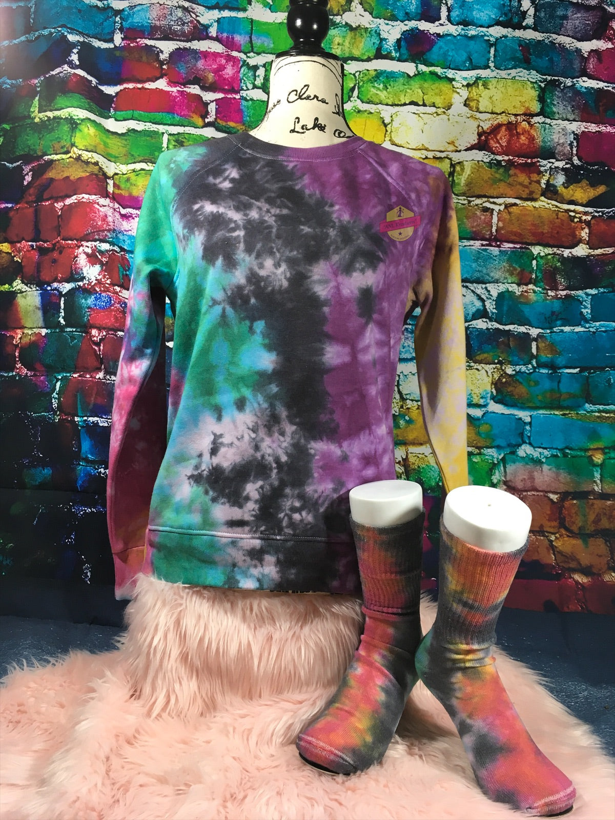 Custom Long Sleeve TyeDye Multi Colored Shirt with matching Socks. Tye Dye Shirt and matching Socks. Red, green, black, yellow, purple Shirt.