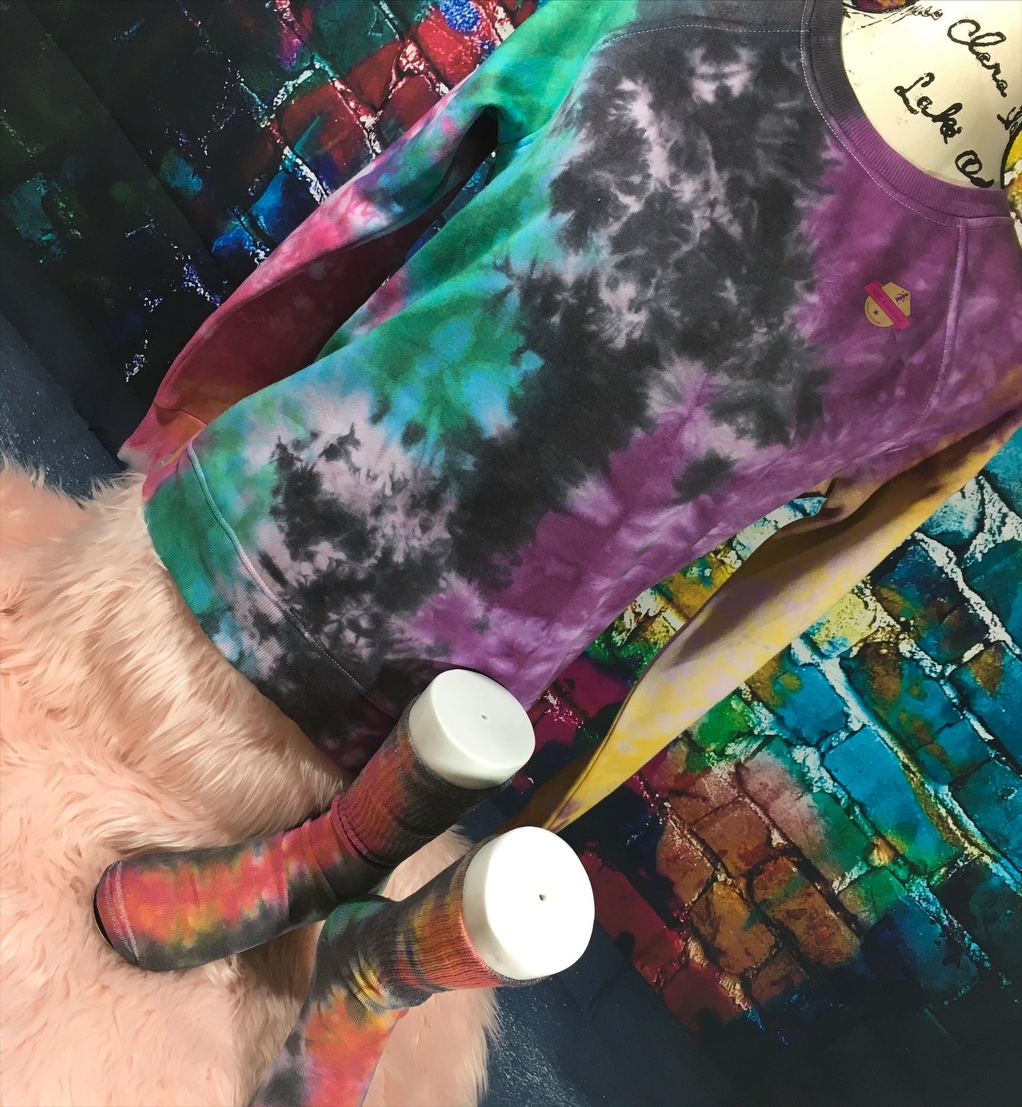 Custom Long Sleeve TyeDye Multi Colored Shirt with matching Socks. Tye Dye Shirt and matching Socks. Red, green, black, yellow, purple Shirt.