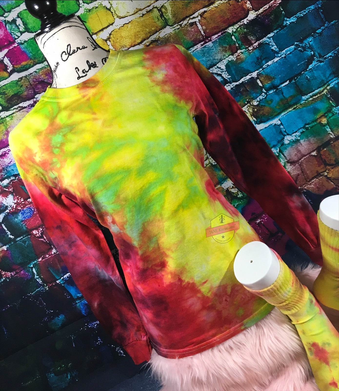 Custom Long Sleeve TyeDye Multi Colored Shirt with matching Socks. TyeDye Shirt and matching Socks. Red, green and yellow Tye Dye Shirt.