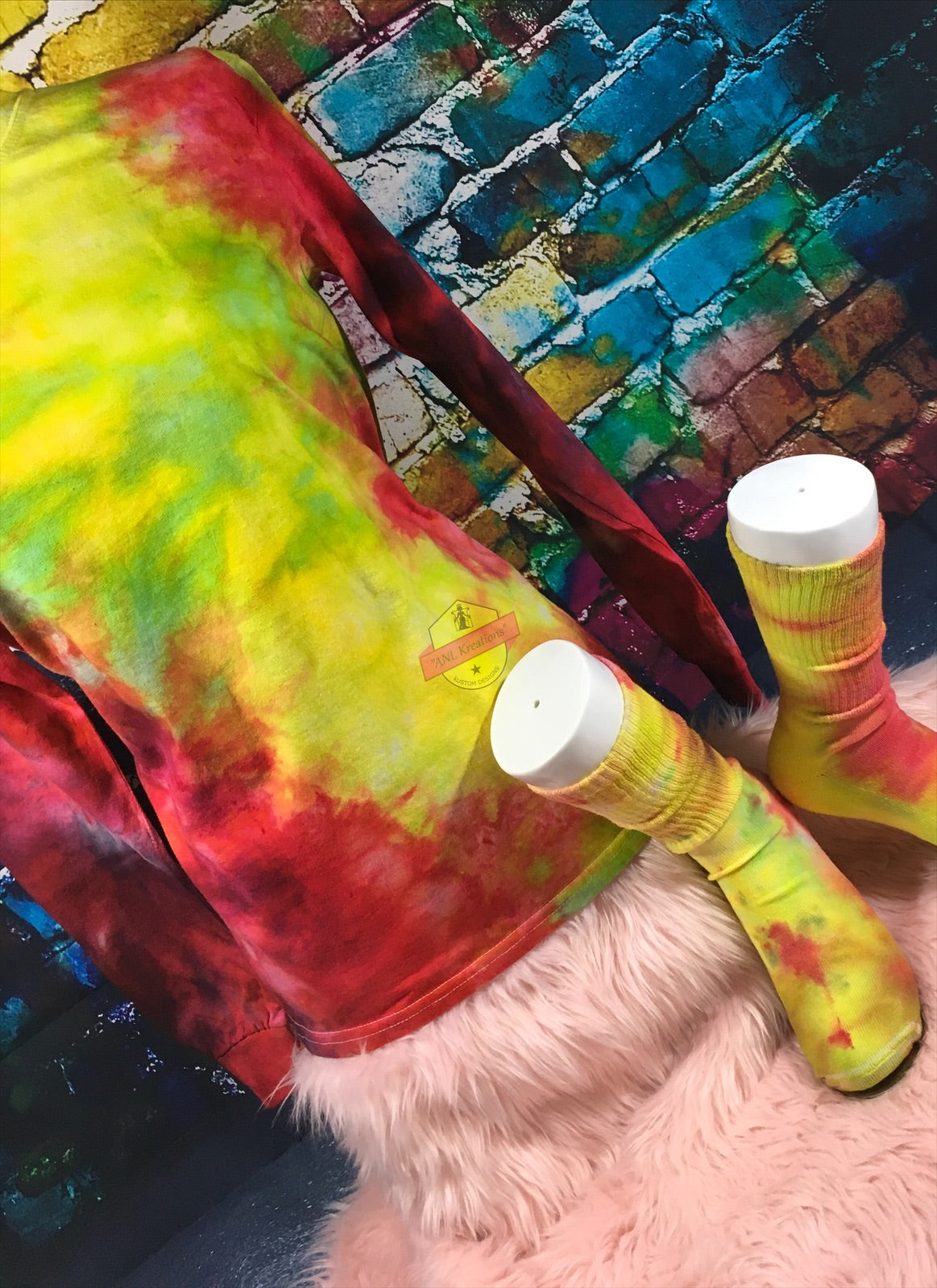 Custom Long Sleeve TyeDye Multi Colored Shirt with matching Socks. TyeDye Shirt and matching Socks. Red, green and yellow Tye Dye Shirt.