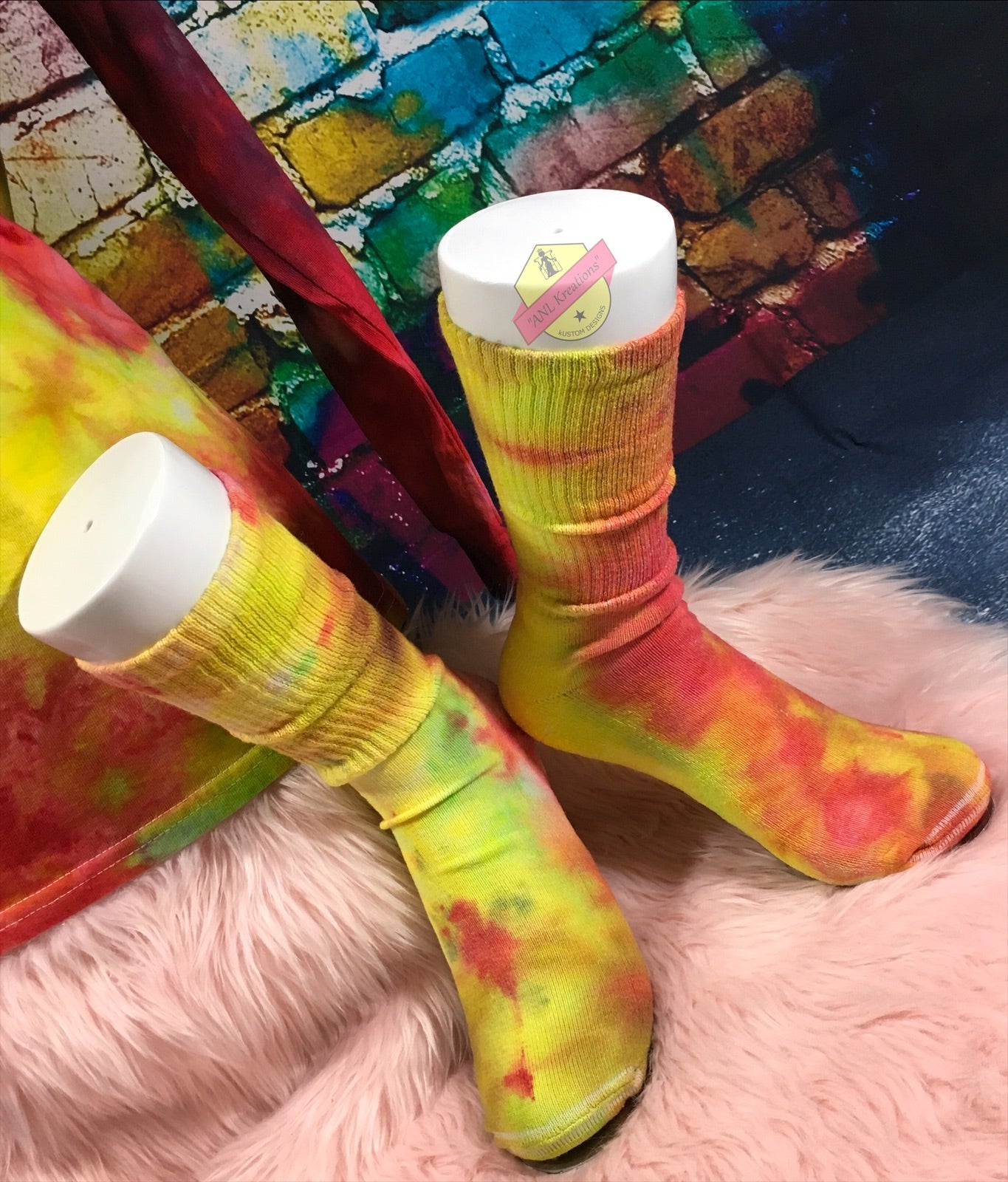 Custom Long Sleeve TyeDye Multi Colored Shirt with matching Socks. TyeDye Shirt and matching Socks. Red, green and yellow Tye Dye Shirt.