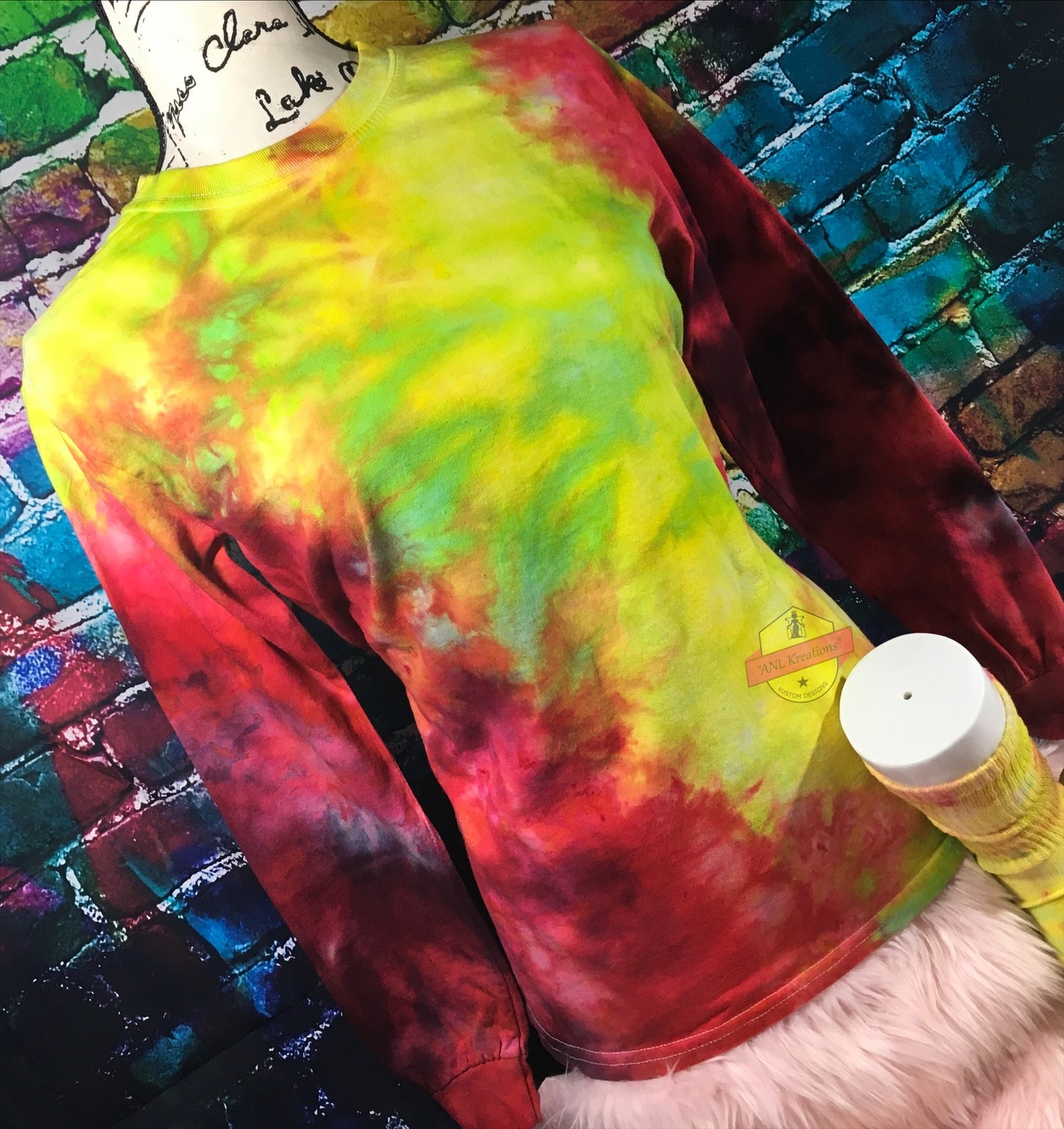 Custom Long Sleeve TyeDye Multi Colored Shirt with matching Socks. TyeDye Shirt and matching Socks. Red, green and yellow Tye Dye Shirt.