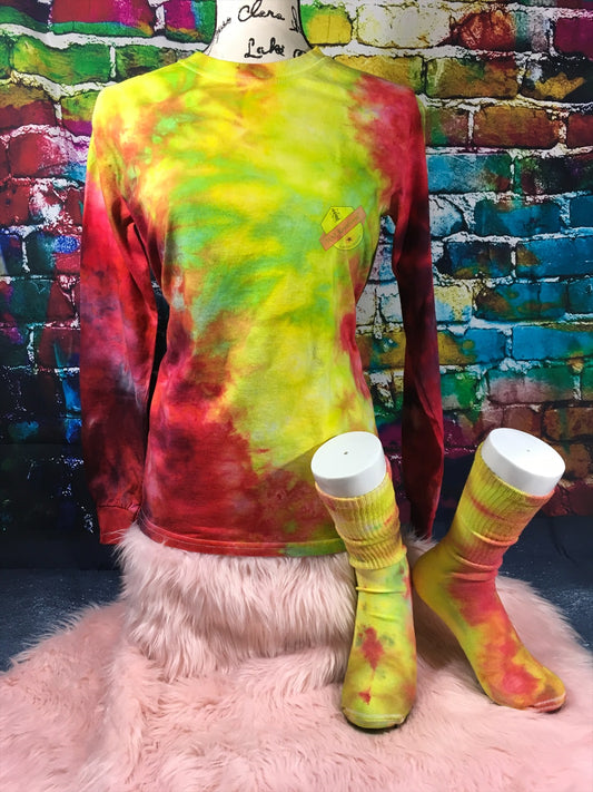 Custom Long Sleeve TyeDye Multi Colored Shirt with matching Socks. TyeDye Shirt and matching Socks. Red, green and yellow Tye Dye Shirt.