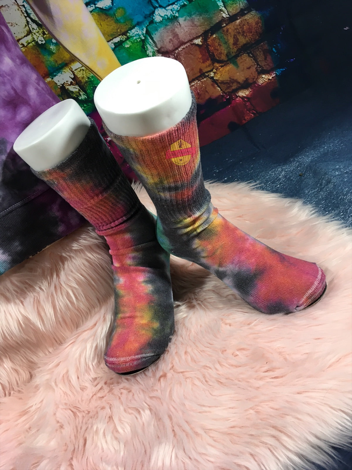 Custom Long Sleeve TyeDye Multi Colored Shirt with matching Socks. Tye Dye Shirt and matching Socks. Red, green, black, yellow, purple Shirt.