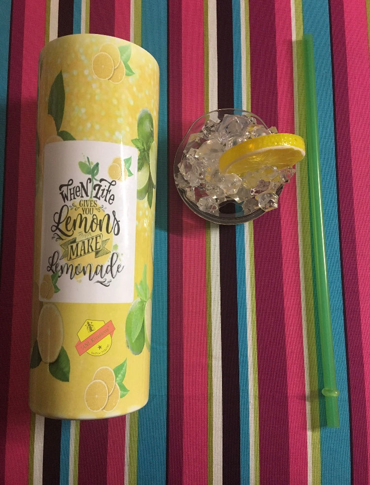 When Life Gives You Lemons Make Lemonade 3D Ice Skinny Tumbler, Sublimation 20oz Tumbler, Lemonade Tumbler, 3D Ice Lid w/ Lemon.