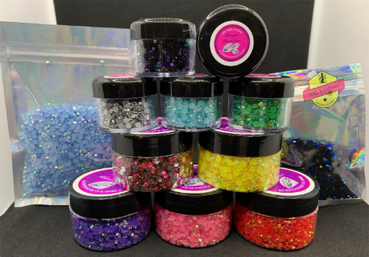 Flat Back Resin, Flat Back Jelly and Flat Back Transparent Jelly Rhinestones. 3mm/SS12 (ONLY) 3x4 (1oz) Bags and 4x6 (2oz) Bags