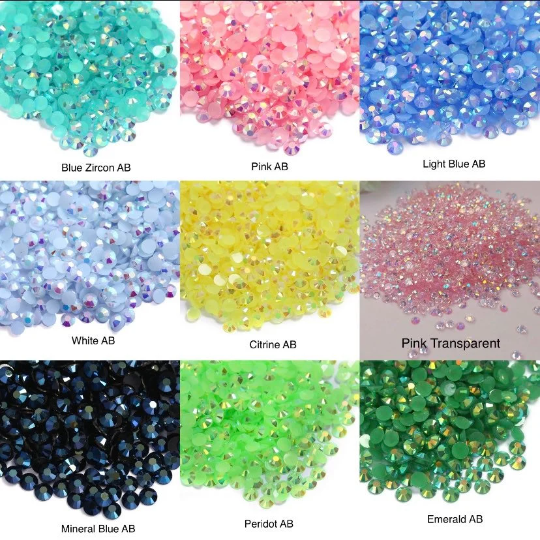 Flat Back Resin, Flat Back Jelly and Flat Back Transparent Jelly Rhinestones. 3mm/SS12 (ONLY) 3x4 (1oz) Bags and 4x6 (2oz) Bags